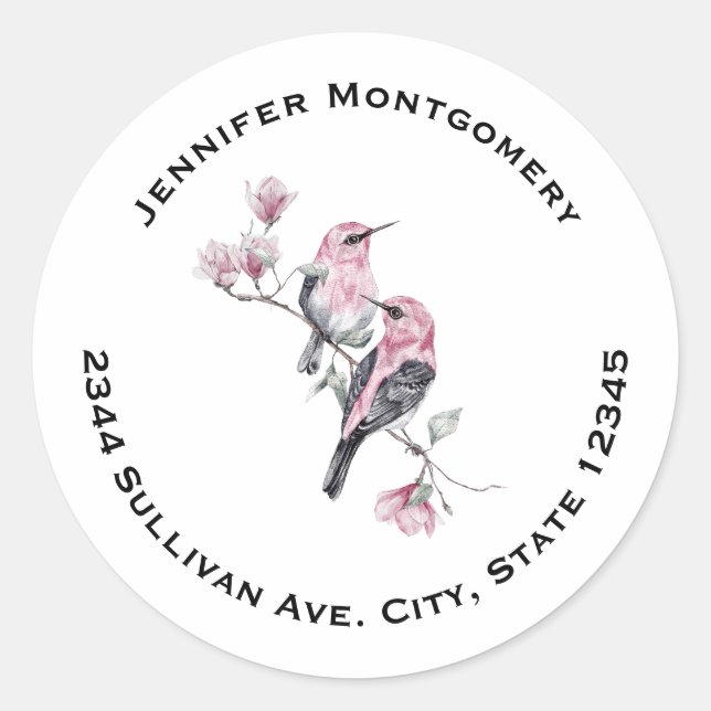 Pink and Black Birds on a Tree Branch Address Classic Round Sticker (Front)