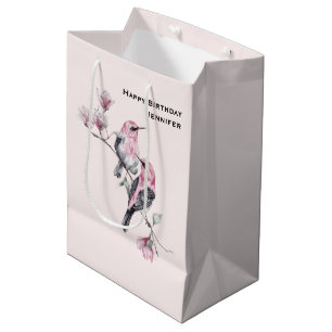 Pink and Black Birds on a Tree Branch Birthday Medium Gift Bag