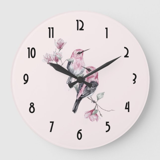 Pink and Black Birds on a Tree Branch Large Clock (Front)