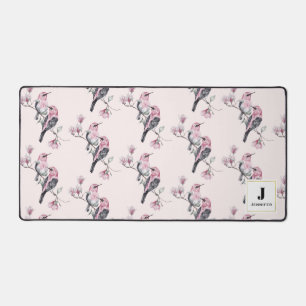 Pink and Black Birds on a Tree Branch Monogram Desk Mat