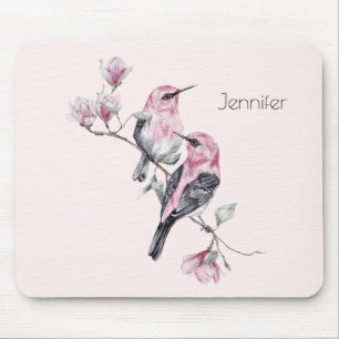 Pink and Black Birds on a Tree Branch Mouse Mat