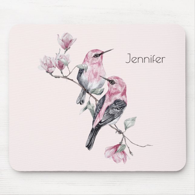 Pink and Black Birds on a Tree Branch Mouse Mat (Front)