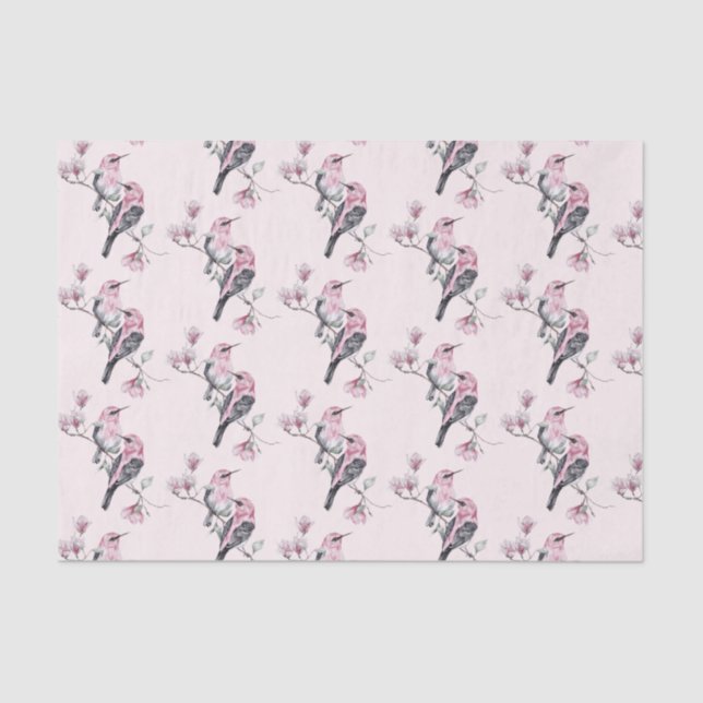Pink and Black Birds on a Tree Branch Pattern -  Tissue Paper (Front)