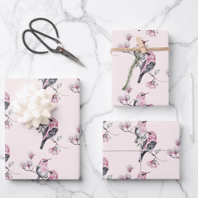 Pink and Black Birds on a Tree Branch Pattern -  Wrapping Paper Sheet (Front)
