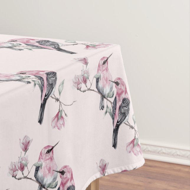 Pink and Black Birds on a Tree Branch Patterned Tablecloth (In Situ)