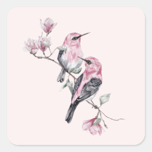 Pink and Black Birds on a Tree Branch Square Sticker