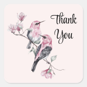 Pink and Black Birds on a Tree Branch Thank You Square Sticker