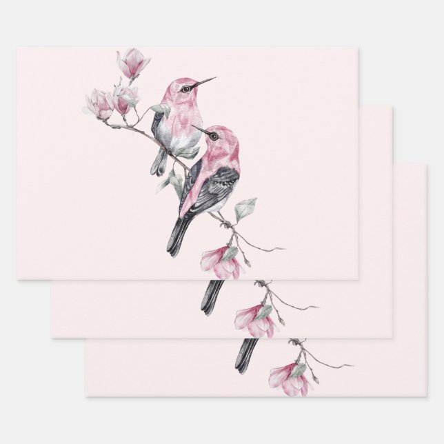Pink and Black Birds on a Tree Branch Wrapping Paper Sheet (Set)