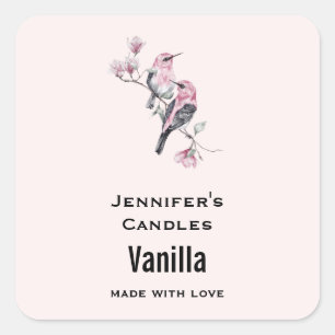 Pink and Black Birds on a Tree Candle Business Square Sticker