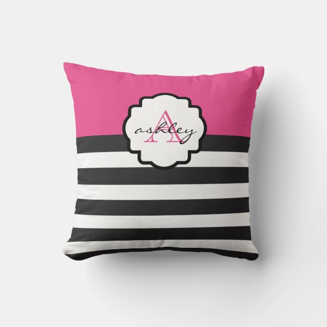 Pink and Black Bold Stripe Monogram Pillow (Front)