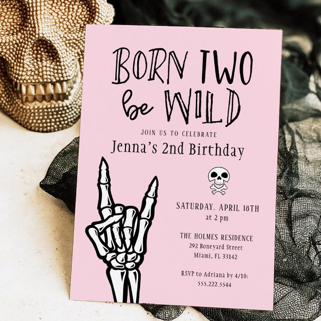 Pink and Black Born Two Be Wild 2nd Birthday Party Invitation (Creator Uploaded)