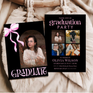 Pink and Black Bow Graduation with Photos Invitation