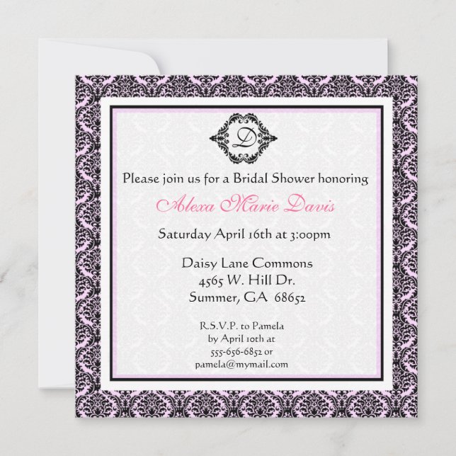 Pink and Black Bridal Shower Damask Invitation (Front)