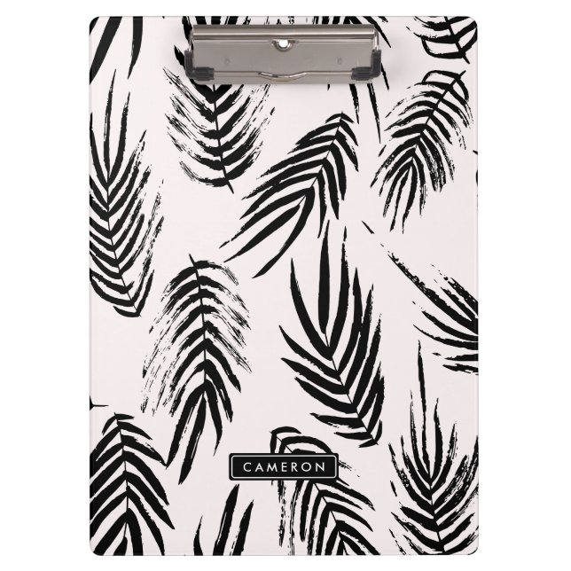 Pink and Black Brush Palm Leaves Pattern Clipboard (Front)