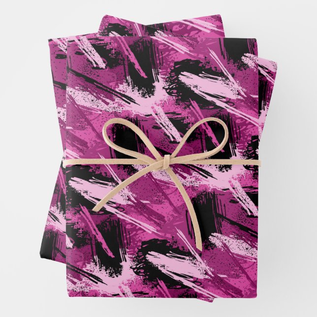 Pink and Black Brush Wrapping Paper Sheets (In situ)