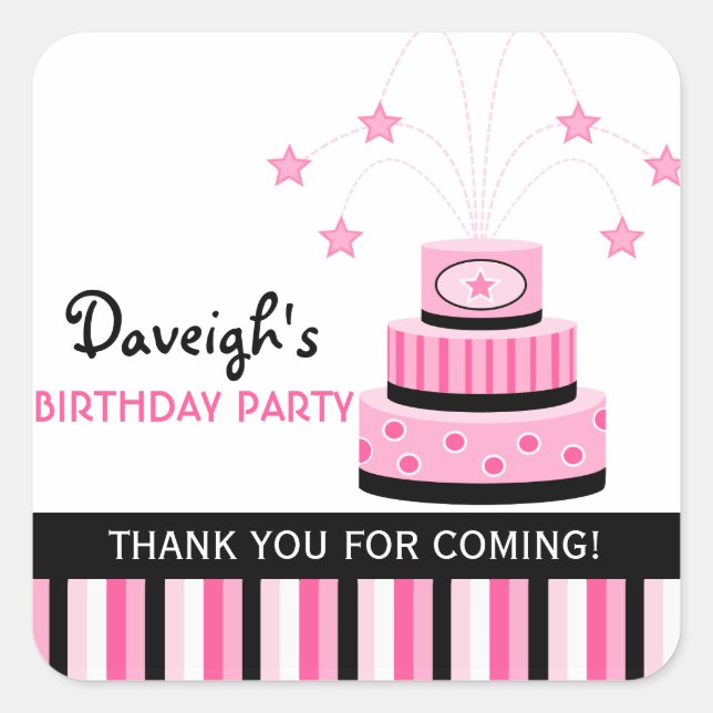 Pink and Black Cake Birthday Party Square Sticker (Front)