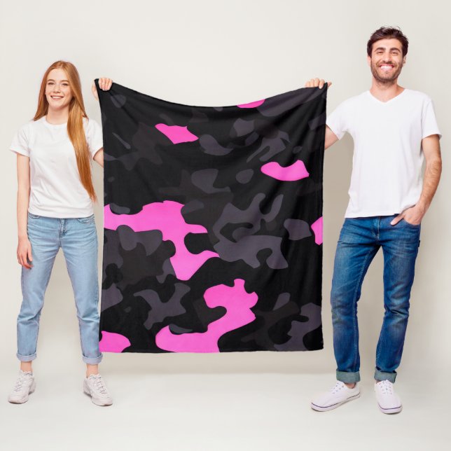Pink and Black Camouflage Fleece Blanket (In Situ)