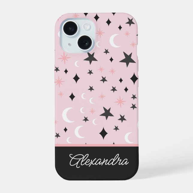 Pink And Black Celestial Moon Stars Script Name iPhone 15 Case (Back)