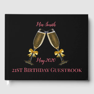 Pink and black champagne glasses birthday guest book