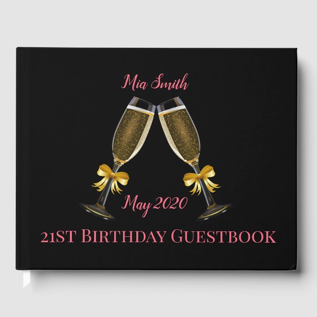 Pink and black champagne glasses birthday guest book (Front)