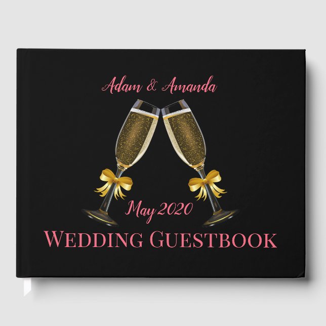 Pink and black champagne glasses wedding guest book (Front)
