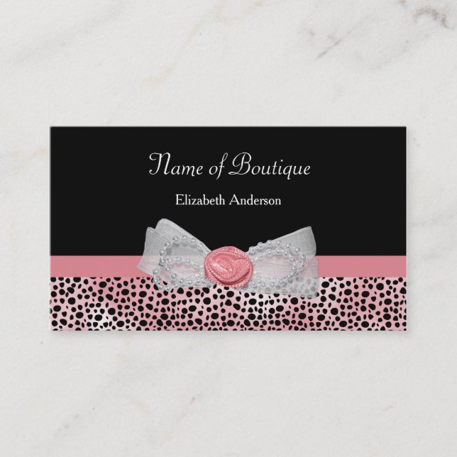 Pink and Black Cheetah Print Boutique Cute Bow Business Card (Front)