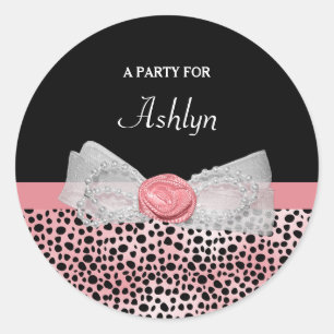 Pink and Black Cheetah Print Cute Bow Party Name Classic Round Sticker