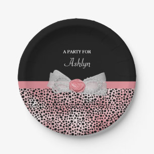 Pink and Black Cheetah Print Cute Bow Party Name Paper Plate