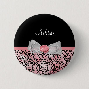 Pink and Black Cheetah Print Cute Bow With Name 6 Cm Round Badge