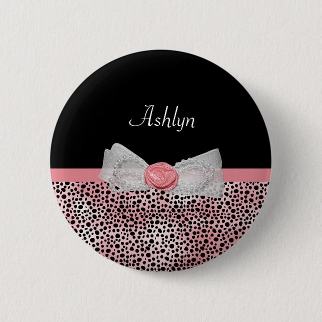 Pink and Black Cheetah Print Cute Bow With Name 6 Cm Round Badge (Front)