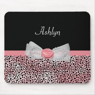 Pink and Black Cheetah Print Cute Bow With Name Mouse Mat
