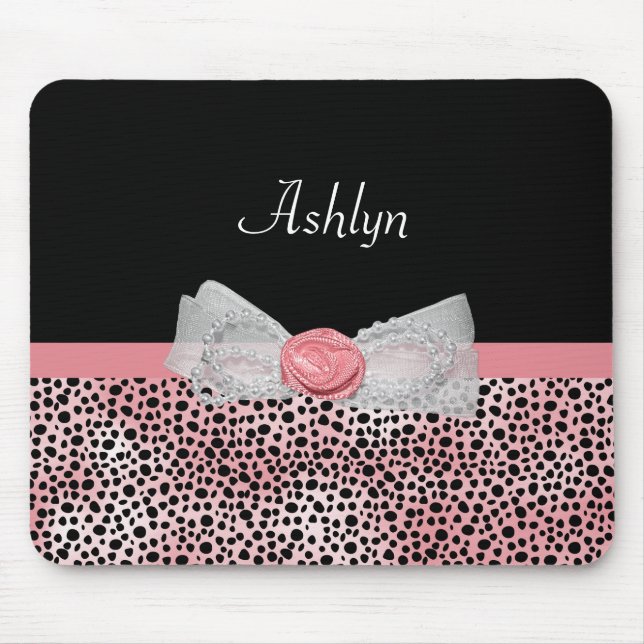 Pink and Black Cheetah Print Cute Bow With Name Mouse Mat (Front)