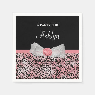 Pink and Black Cheetah Print Cute Bow With Name Napkin