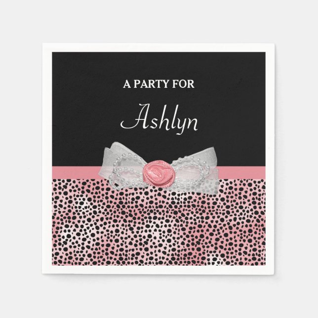 Pink and Black Cheetah Print Cute Bow With Name Napkin (Front)