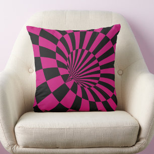 Pink and Black Chequered Illusion Throw Pillow