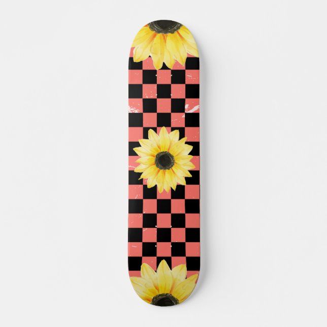 pink and black Chequered & Sunflower  Skateboard (Front)