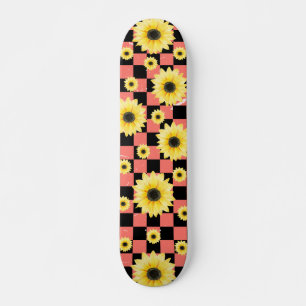 pink and black Chequered & Sunflower  Skateboard