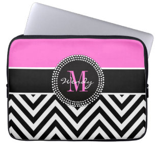 Pink and Black Chevron Monogram Elegant Laptop Sleeve