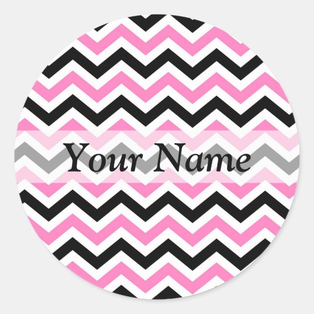 Pink and black chevron pattern classic round sticker (Front)