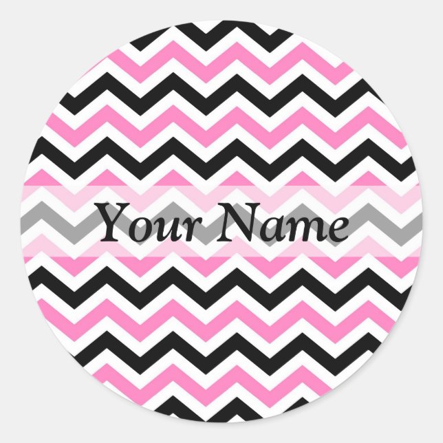 Pink and black chevron pattern classic round sticker (Front)