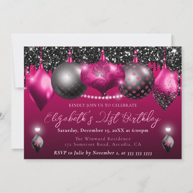 Pink and Black Christmas Ornament 21st Birthday Invitation (Front)