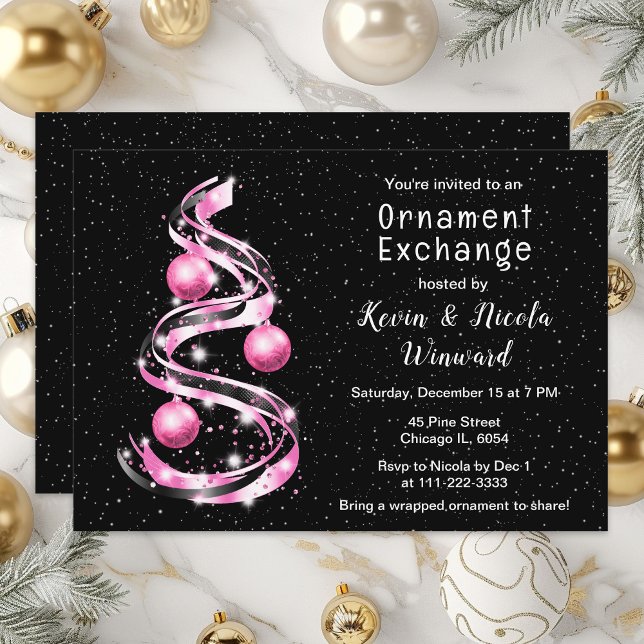 Pink and Black Christmas Ornament Exchange Invitation (Creator Uploaded)