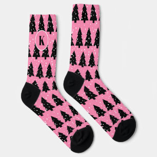 Pink and Black Christmas Tree Crew Socks
