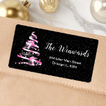 Pink and Black Christmas Tree Label<br><div class="desc">This elegant and chic address label features a pink and black ribbon Christmas tree with presents. The text combines handwritten script and modern sans serif fonts for a classy and sophisticated look. The falling snow, snowflakes and sparkles give a festive and magical touch. This is perfect for Christmas and the...</div>