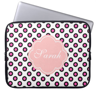 pink and black circle polka dots monogram laptop sleeve