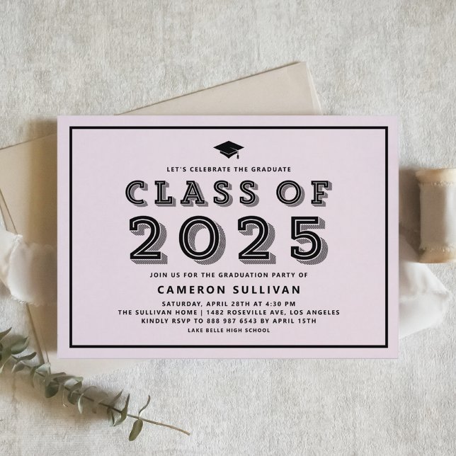 Pink and Black Class of 2025 Cap Retro Graduation Invitation (Customizable graduation invitation featuring retro typography. Available in other colors.)