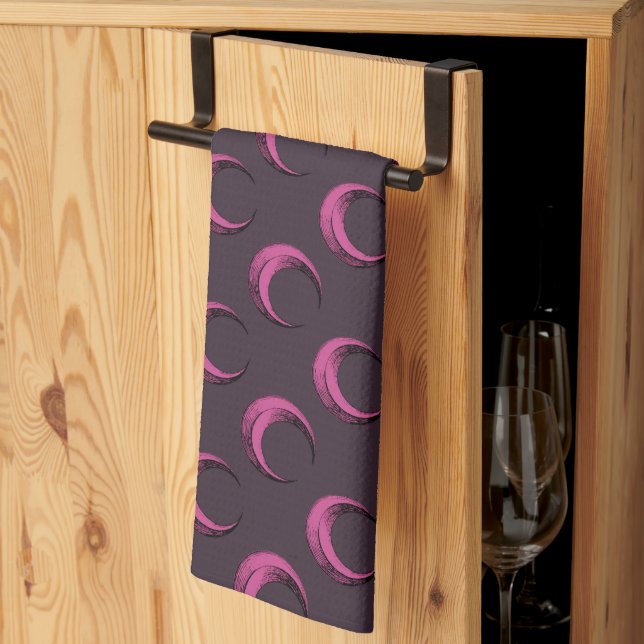 Pink and Black Crescent Moons Pattern Halloween Tea Towel (Thirds Fold)