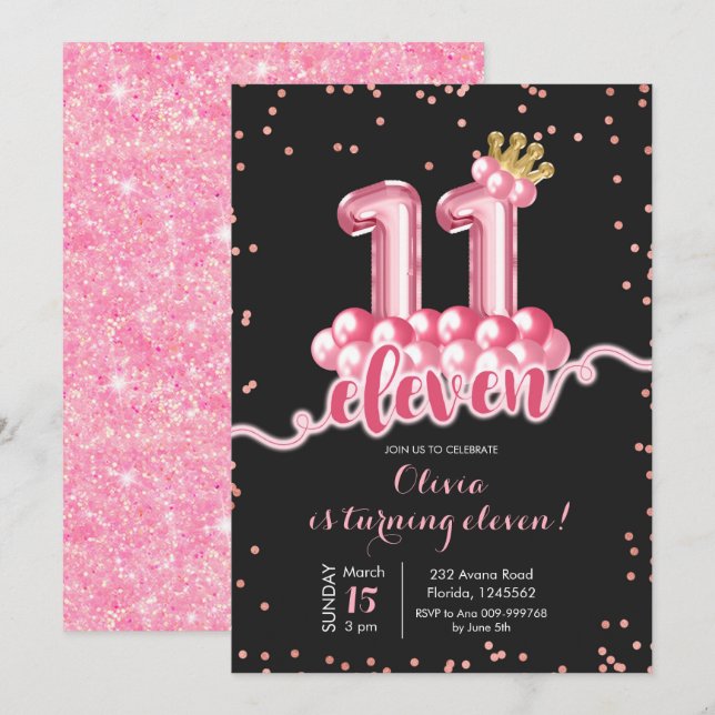 Pink and Black Crown Balloon Eleven Birthday Invitation (Front/Back)
