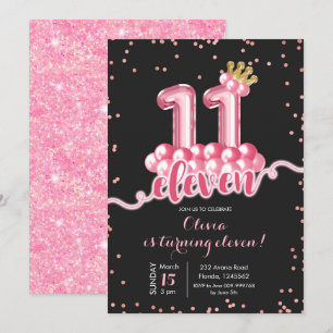 Pink and Black Crown Balloon Eleven Birthday Invitation