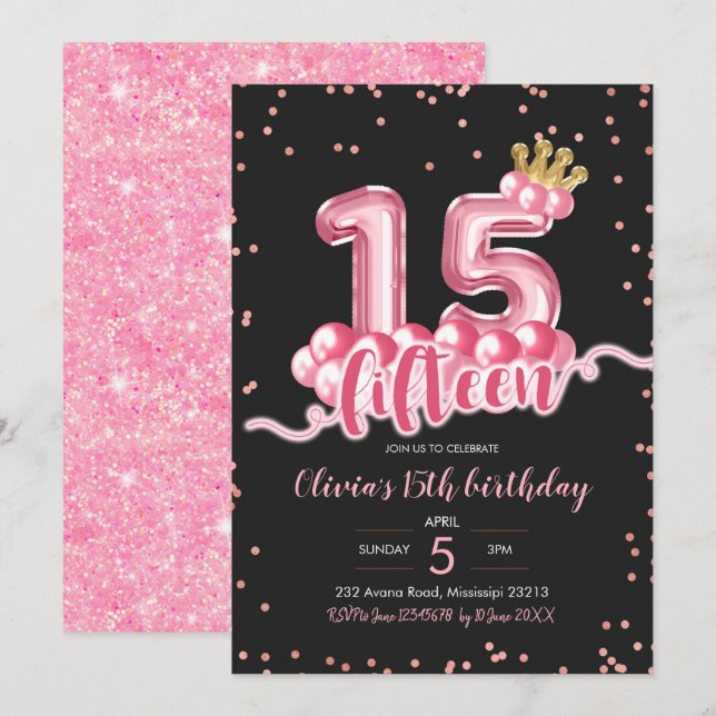 Pink and Black Crown Balloon Fifteen Birthday Invitation (Front/Back)